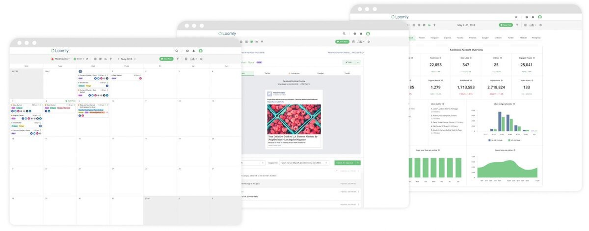 Interfaz de Loomly mostrando una aplicación de calendario digital para gestión de redes sociales.